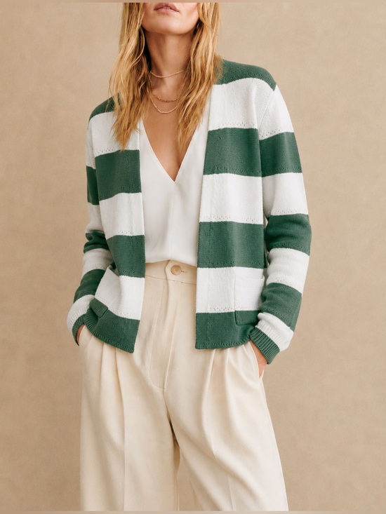Verve Ami Sweaters - Verve-Ami Green White Striped Colorblock Open Front Cardigan Sweater Duster